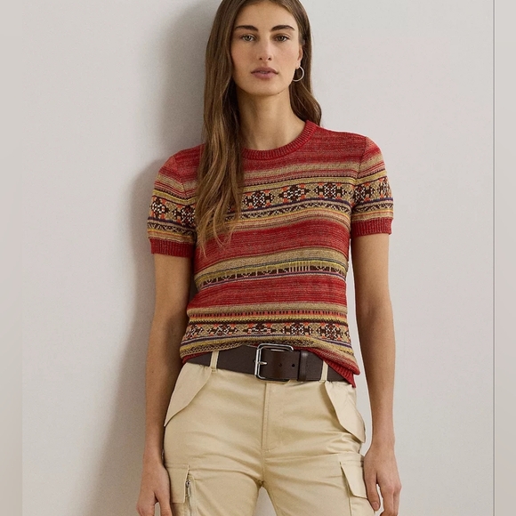 Lauren Ralph Lauren Sweaters - LAUREN RALPH LAUREN Red and Beige Pattern Sweater Cotton/Linen Blend Sz PS NWT